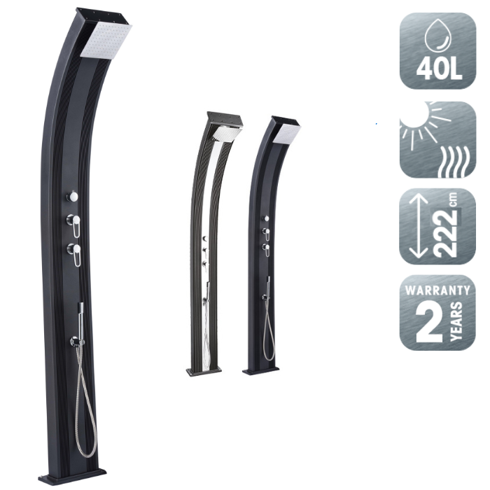 מקלחון חוץ היברידי Dada Curve מבית Formidra בעיצוב אלגנטי עם קווים מעוגלים, עשוי אלומיניום איכותי, זמין בצבעים שחור ושחור עם אפקט אלומיניום מוברש. כולל ראש מקלחת אנטי-אבנית עם אפקט גשם, ברז ערבוב מנירוסטה עם חריטה בלייזר, מתג מעבר בין מקלחת לשטיפת רגליים, ודוש יד נשלף. מתאים לשימוש בגינה, לצד הבריכה או במרפסת, עם התקנה פשוטה ובסיס מורחב ליציבות מרבית.