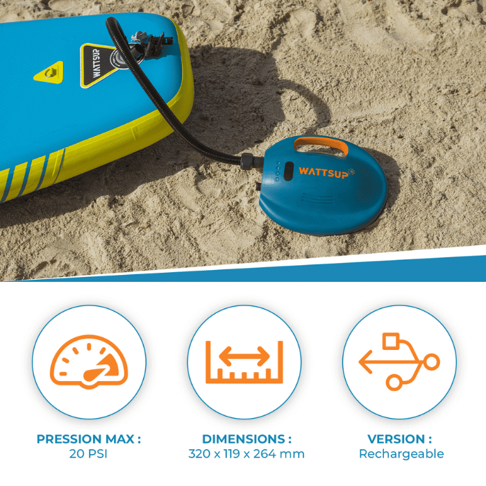 משאבת ניפוח חשמלית SWIFT+ מבית WATTSUP – קומפקטית, קלה, עם סוללה נטענת, מסך LCD ובקרת לחץ חכמה. אידיאלית לניפוח סאפ, קיאק ומזרנים מתנפחים. לפרטים נוספים כנסו ל-STORENET אתר היבואן הרשמי.
